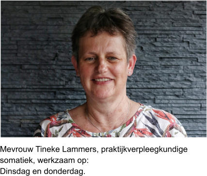 Mevrouw Tineke Lammers, praktijkverpleegkundige  somatiek, werkzaam op:Dinsdag en donderdag.